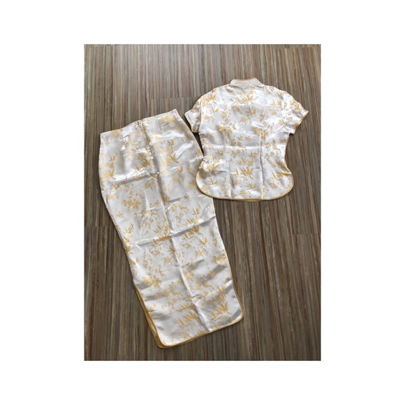 Satin Brocade Gold Bamboo Pattern 2pc Cheongsam QiPao Blouse & Skirt Set - Picture 5 of 5